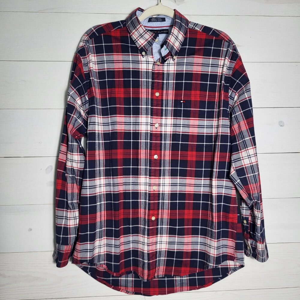 Vintage Tommy Hilfiger Men Plaid Long Sleeve Button Up Shirt Preppy Classic Y2k.